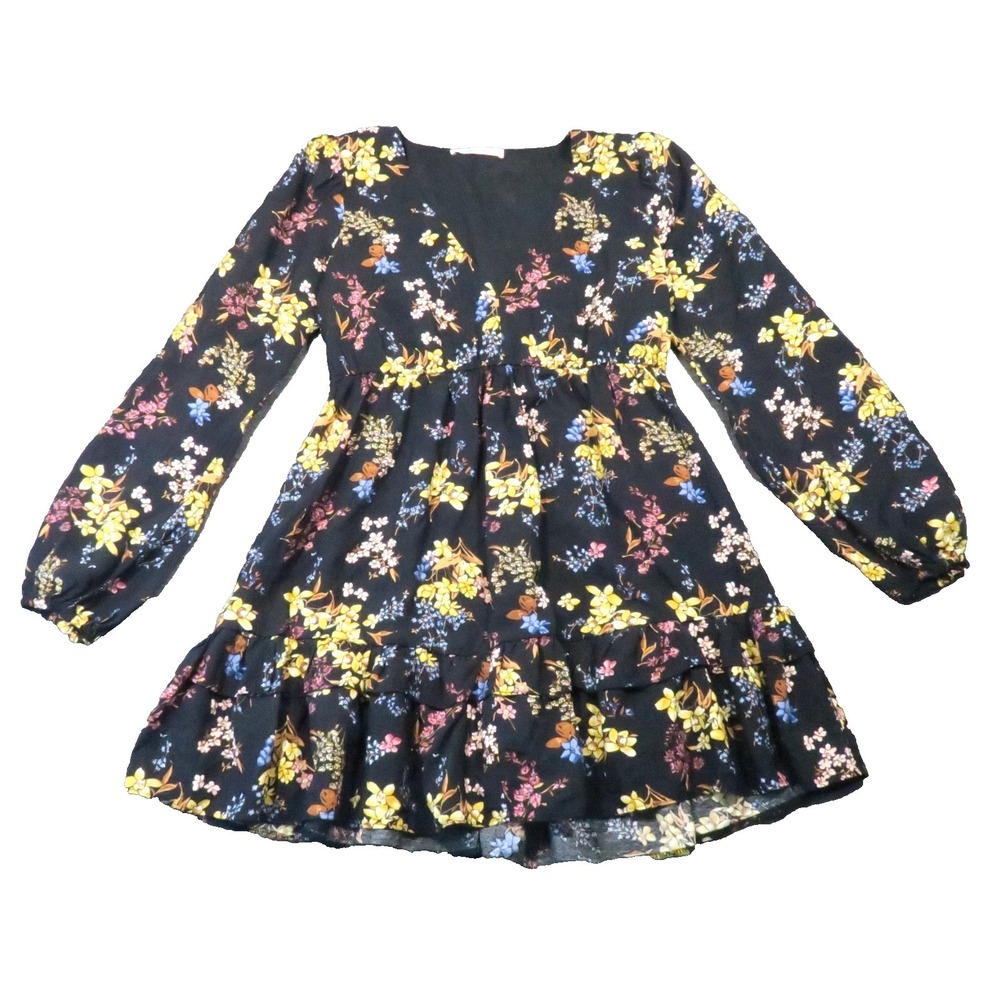 Abercrombie Mini Dress M Black Floral Babydoll Tiered Boho Cottagecore Fairy
